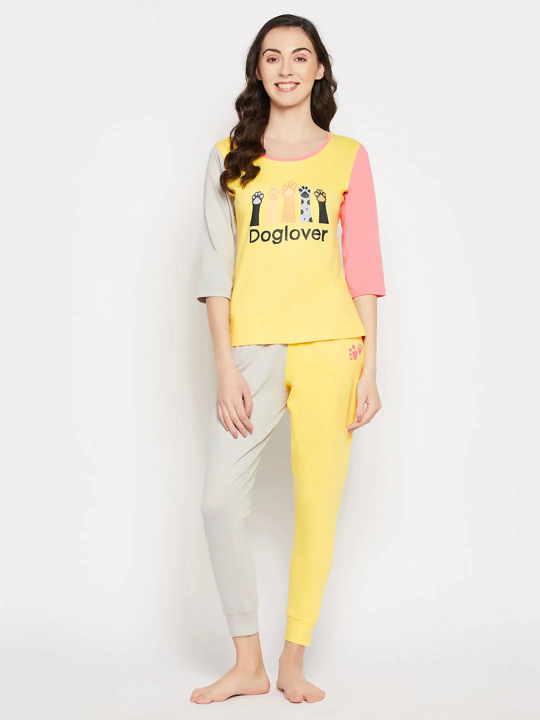 Yellow Cotton Graphic & Text Print Colourblocked Top & Joggers Set