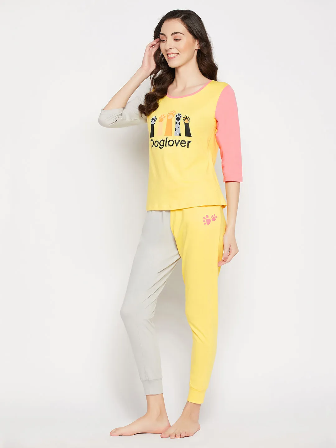 Yellow Cotton Graphic & Text Print Colourblocked Top & Joggers Set