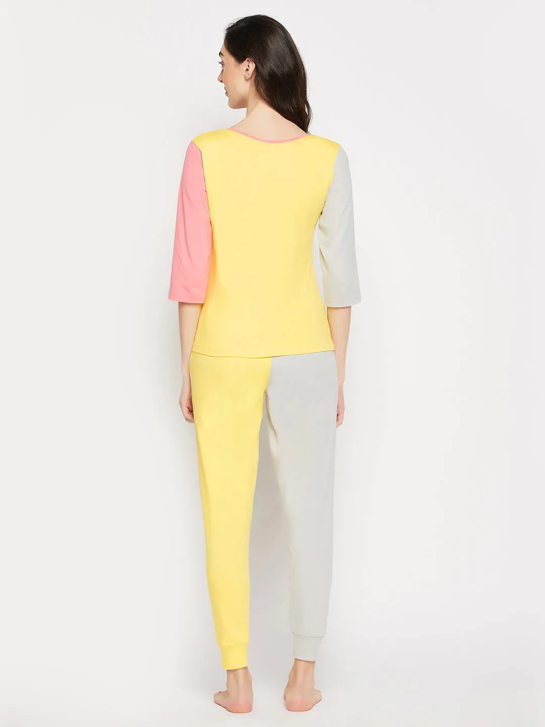 Yellow Cotton Graphic & Text Print Colourblocked Top & Joggers Set