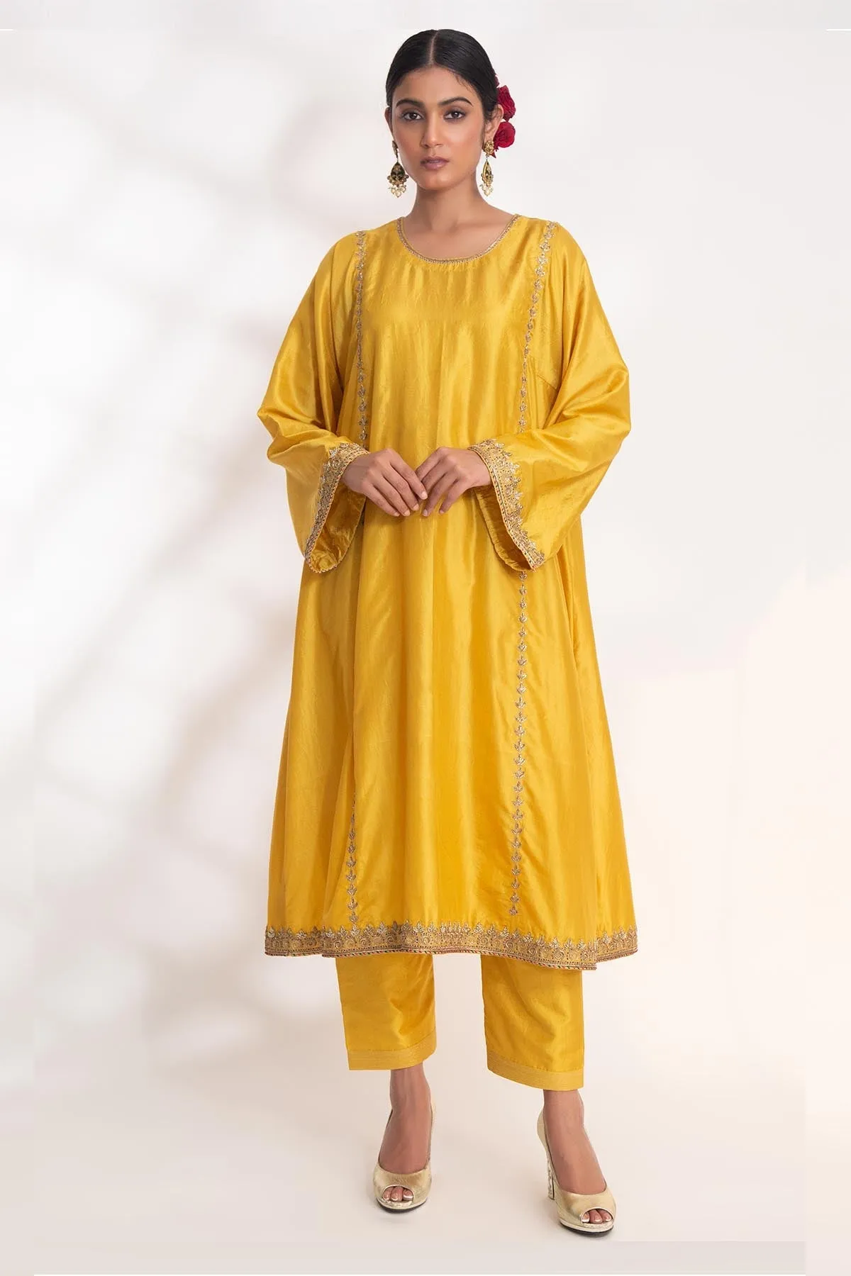 Yellow Zardozi Flared Kurta Set